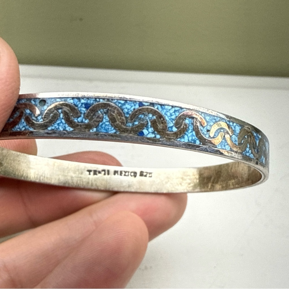Sterling Silver Mexican Turquoise Chip Inlay Link Design Bangle Bracelet TR-71